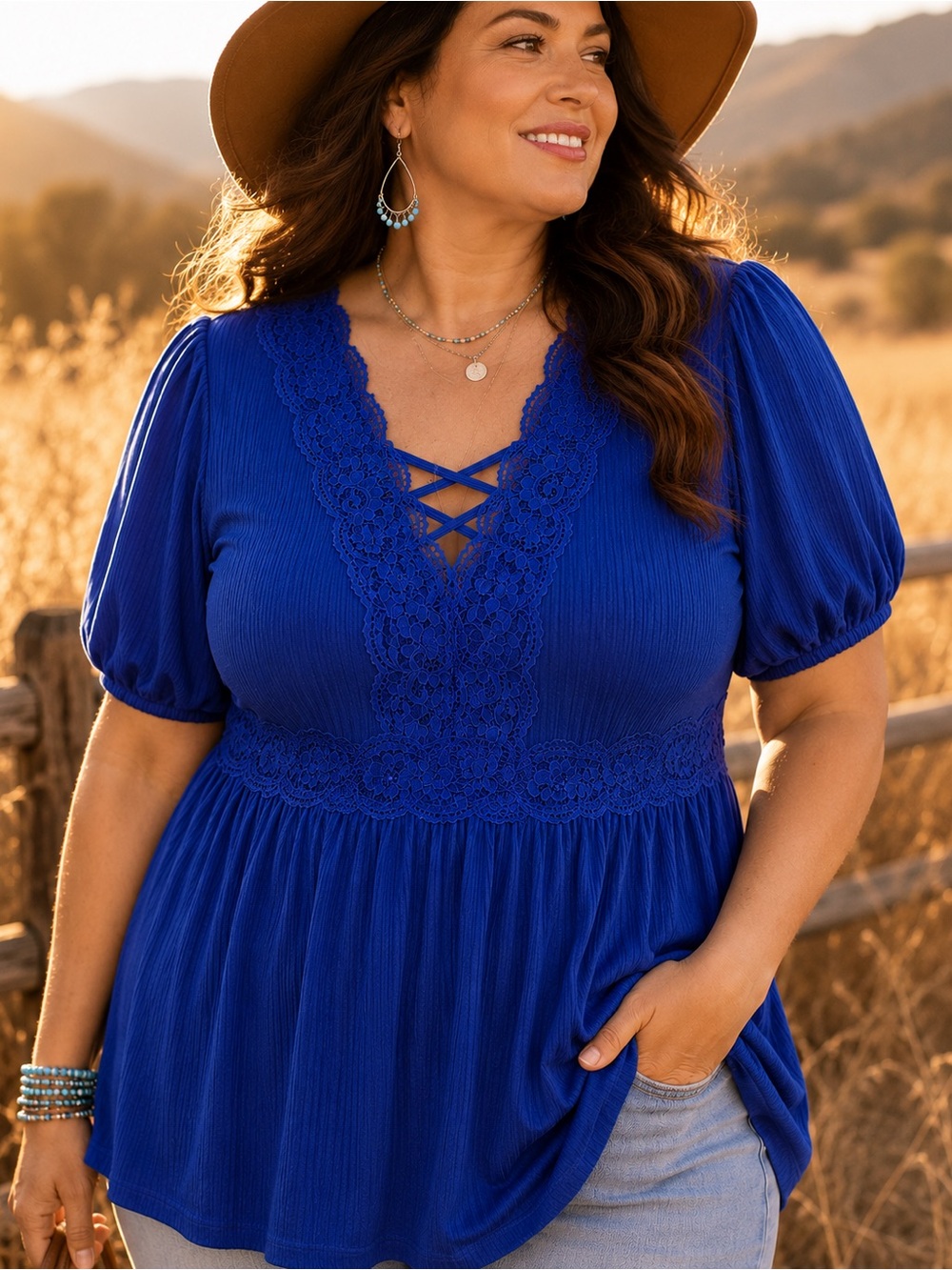 EUC Torrid Women's Short Sleeve Lace-Up Royal Blue Babydoll Blouse SZ 1X (14-16)